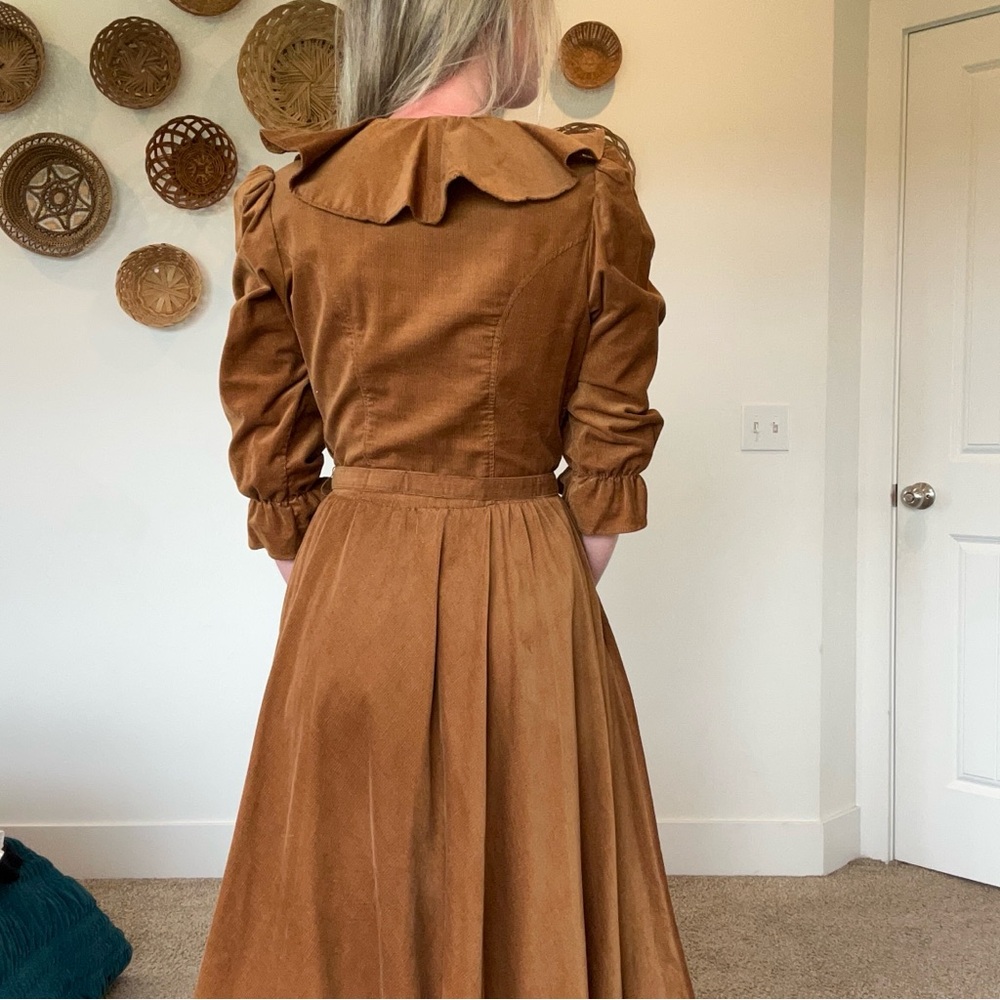 Vintage 70s Pincord Western Prairie Ruffle Maxi Dress - Picture 4 of 13